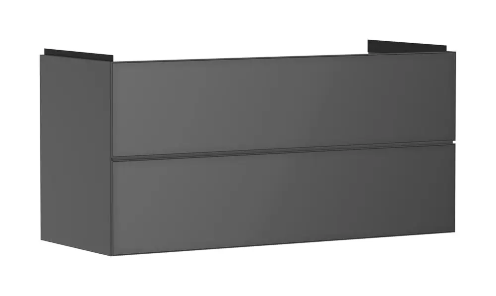 Waschtischunterschrank in Schiefergrau von Hansgrohe mit zwei Schubladen. Flache, moderne Oberfläche ohne sichtbare Griffe. Ideal für Badezimmeranwendungen.